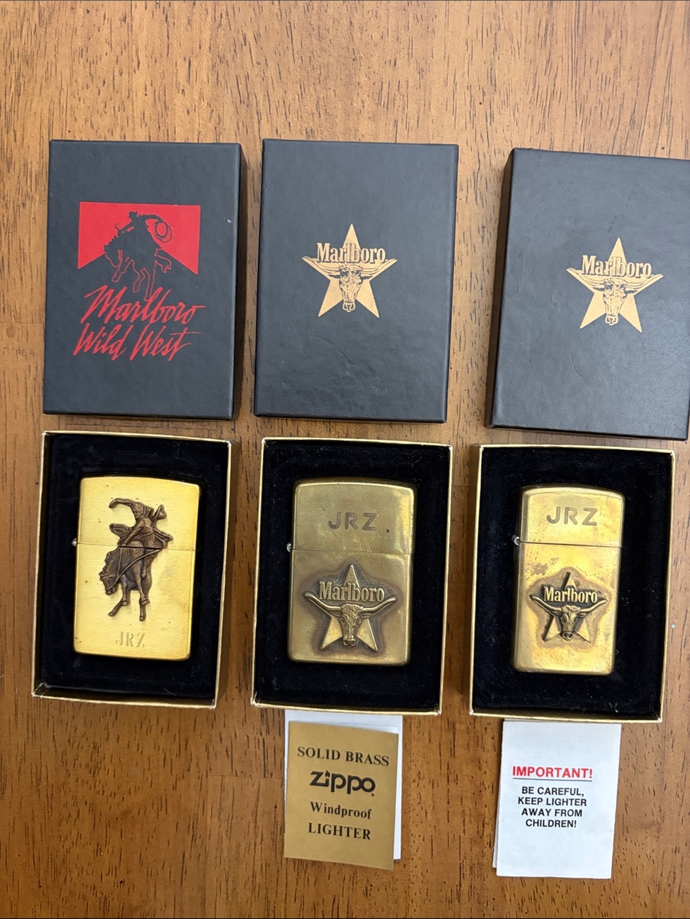 Vintage Marlboro Solid Brass Zippo Lighter Set — Black & Gold Boxes